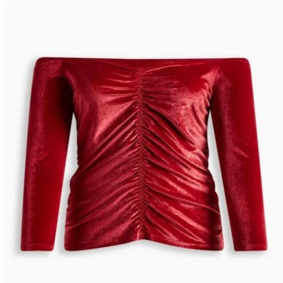 Torrid Red Stretch Velvet Shirred Front Off The Shoulder Blouse Shirt Top - Picture 6 of 8